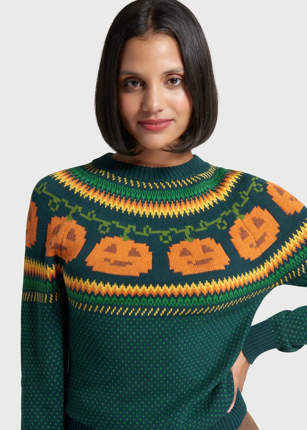 ModCloth Give 'Em Pumpkin To Talk About Fair Isle Sweater Green Pumpkin Sale