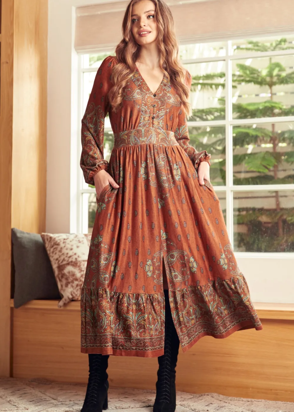 BTC Goldie Hour V-Neck Midi Dress Terra Cotta Twist Best