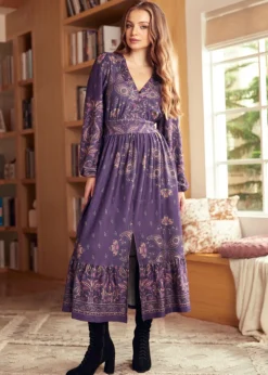 BTC Goldie Hour V-Neck Midi Dress Lavender Swirl Online