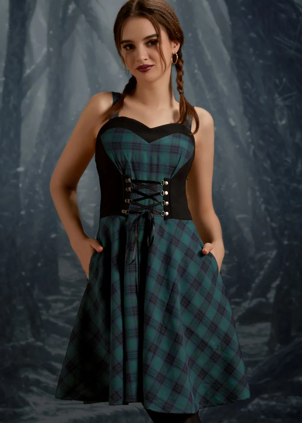Green Plaid Swing Dress Clearance