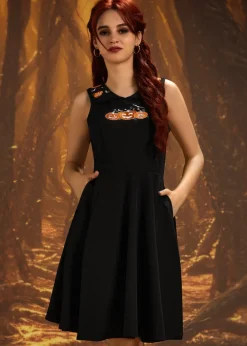 Halloween Pumpkin Embroidery Swing Dress Sale