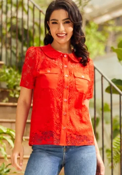 ModCloth Heart Throb Button-Up Top Red Heart Lace Best