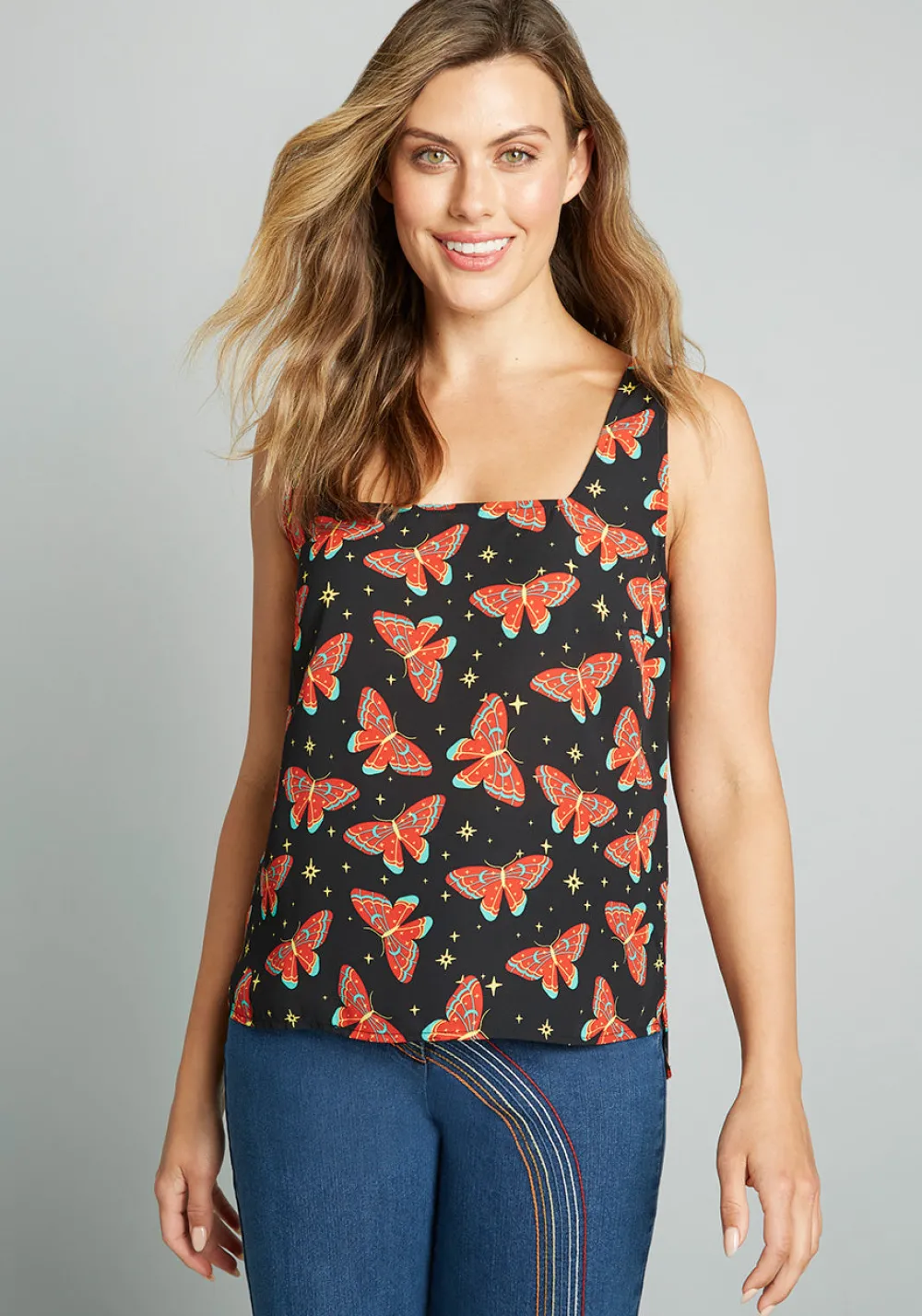 ModCloth Hip To Be Square Neck Tank Top Black Butterfly Clearance