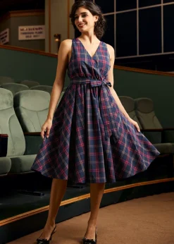 Instant Energy Faux-Wrap Dress Navy Plaid Discount