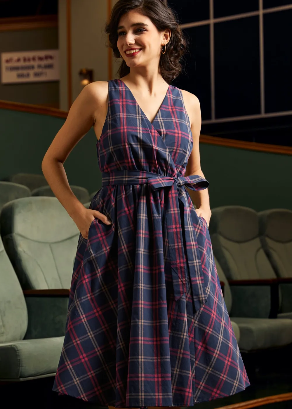 Instant Energy Faux-Wrap Dress Navy Plaid Discount