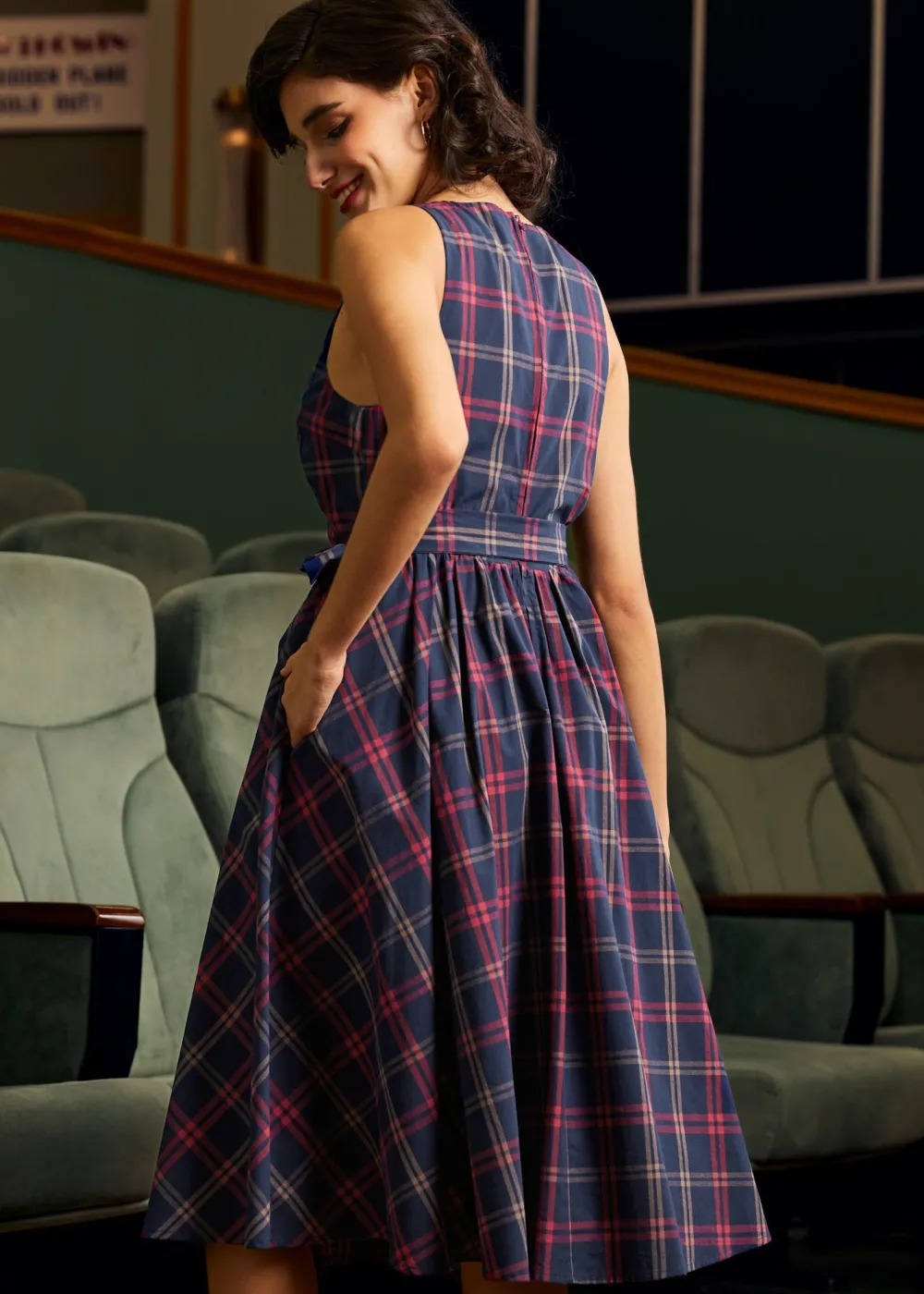 Instant Energy Faux-Wrap Dress Navy Plaid Discount