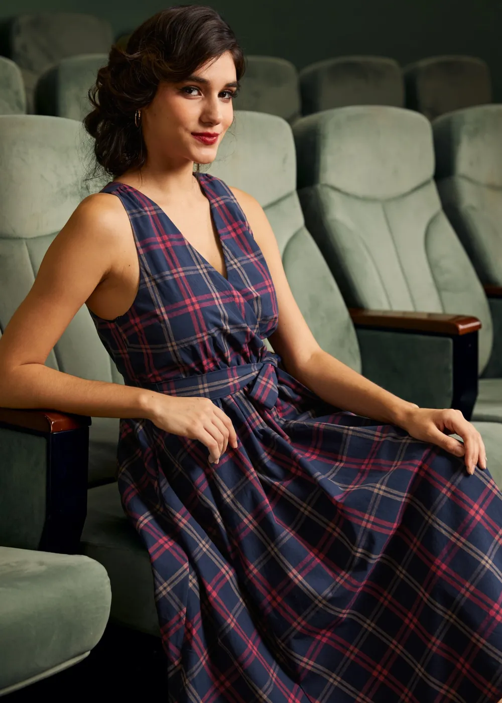 Instant Energy Faux-Wrap Dress Navy Plaid Discount