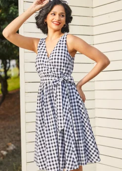 Instant Energy Faux-Wrap Dress Navy Gingham Outlet