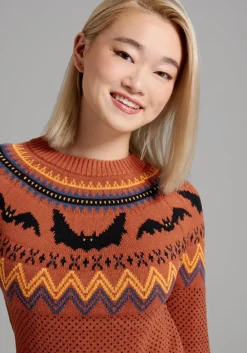 ModCloth It Be Like 'Bat' Fair Isle Sweater Orange Bats Sale