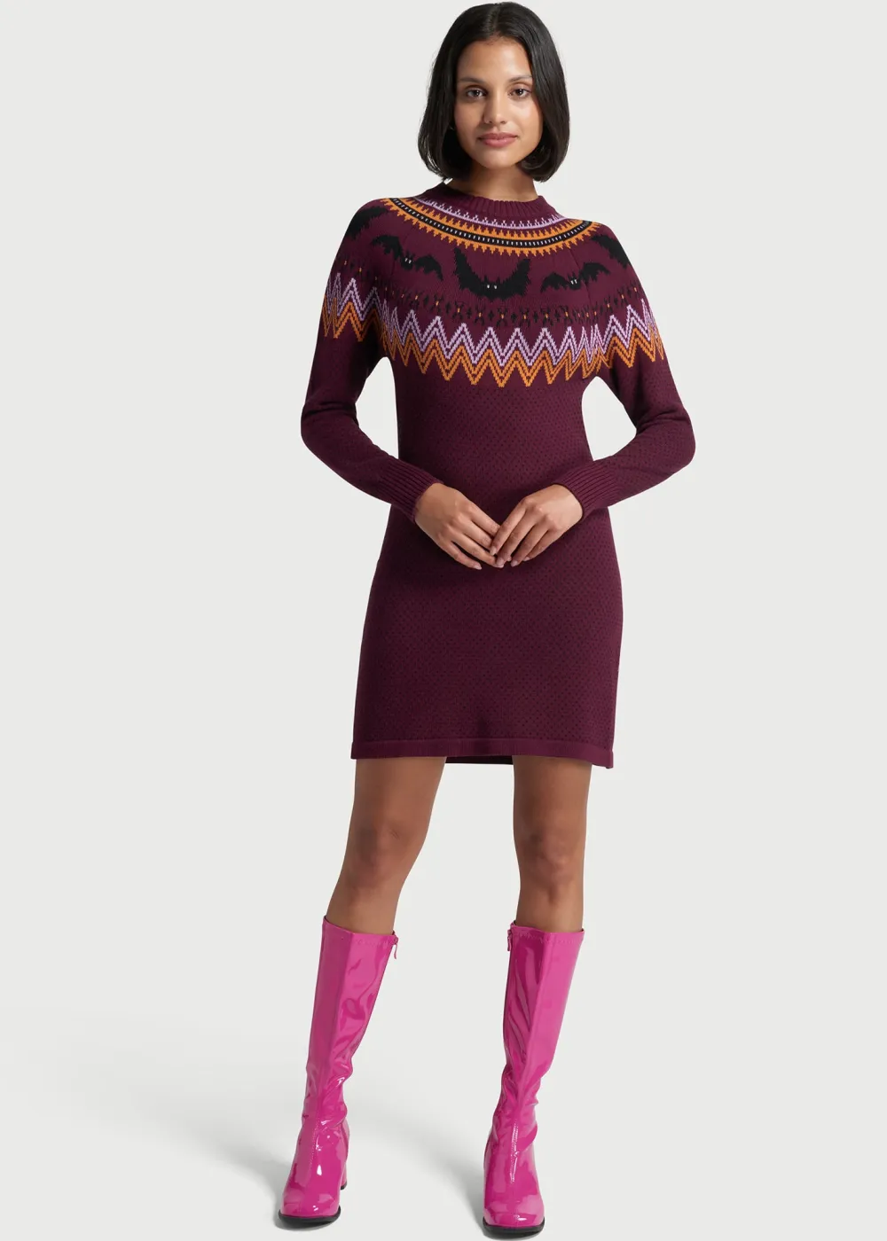 ModCloth It Be Like 'Bat' Fair Isle Sweater Dress Purple Bats Sale