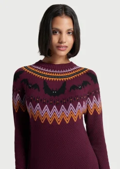 ModCloth It Be Like 'Bat' Fair Isle Sweater Dress Purple Bats Sale