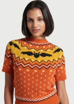 ModCloth It Be Like 'Bat' Fair Isle Short Sleeve Sweater Orange Bat New
