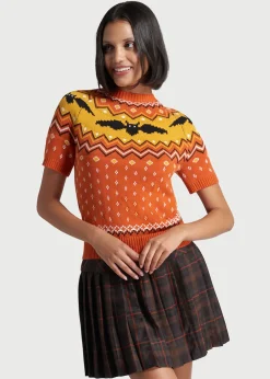 ModCloth It Be Like 'Bat' Fair Isle Short Sleeve Sweater Orange Bat New