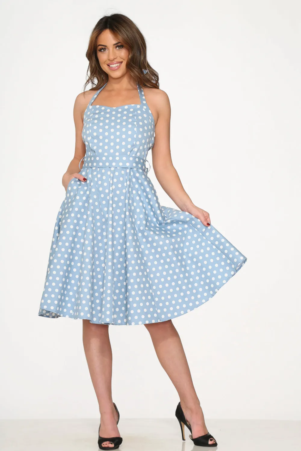Light Blue & White Polka Dot Swing Dress Discount