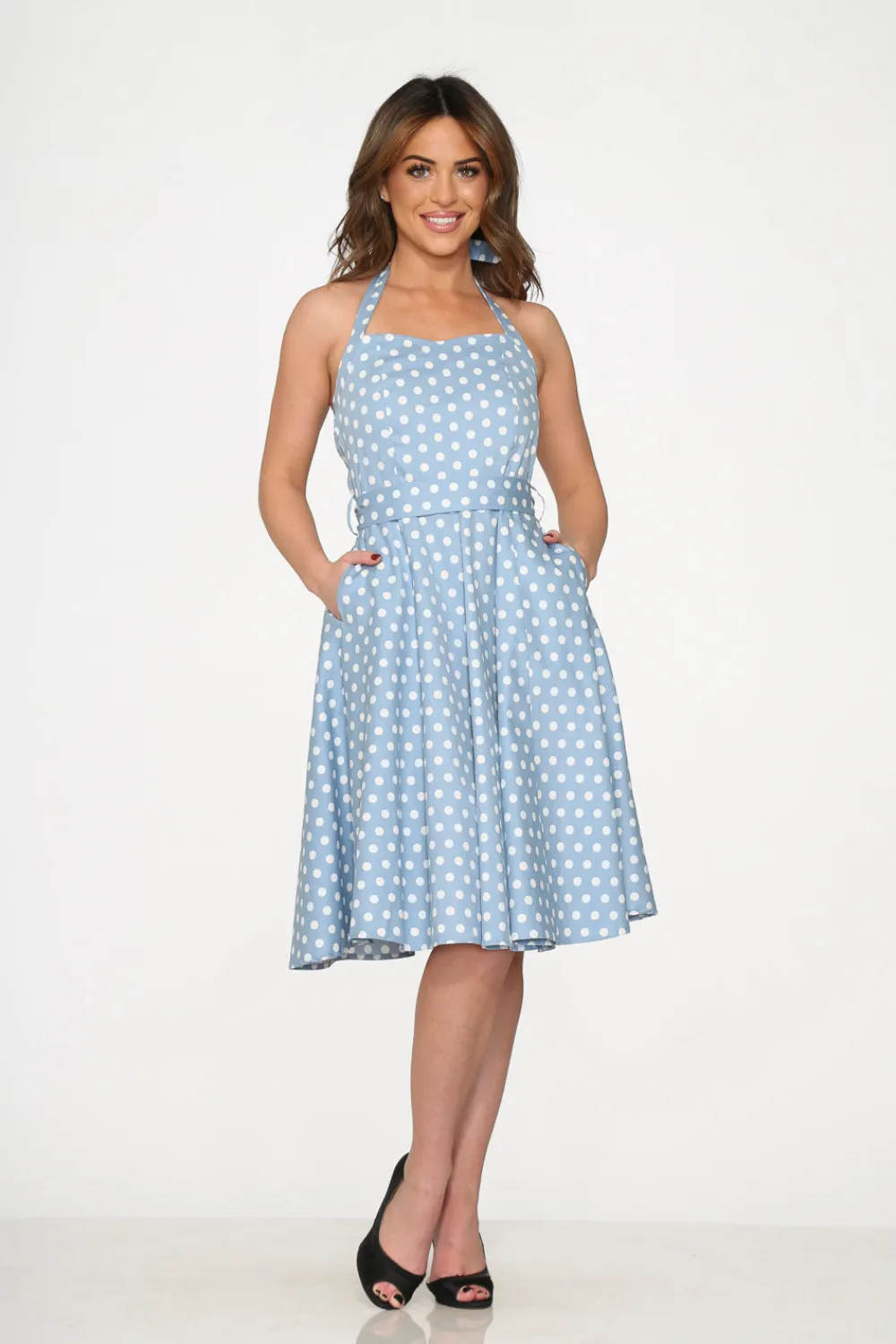 Light Blue & White Polka Dot Swing Dress Discount