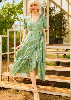Luck Be a Lady Wrap Dress Green Horseshoe New