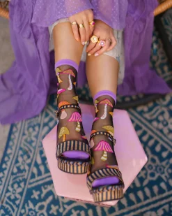Magic Mushrooms Black Sheer Crew Sock Discount