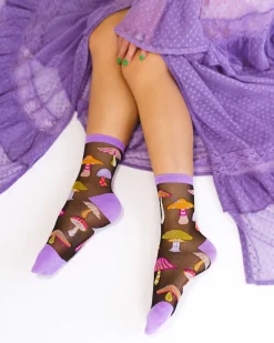 Magic Mushrooms Black Sheer Crew Sock Discount