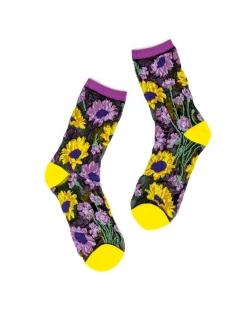 Mixed Sunflowers Black Sheer Crew Sock Sale