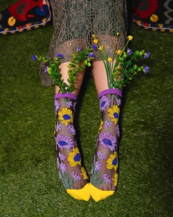 Mixed Sunflowers Black Sheer Crew Sock Sale