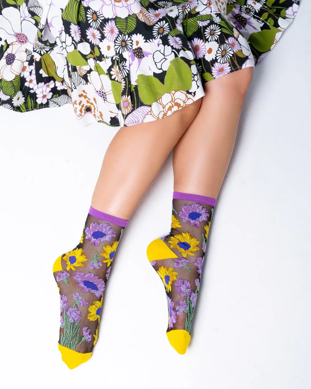 Mixed Sunflowers Black Sheer Crew Sock Sale