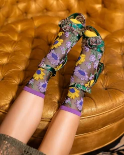 Mixed Sunflowers Black Sheer Crew Sock Sale