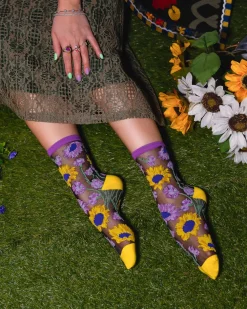 Mixed Sunflowers Black Sheer Crew Sock Sale