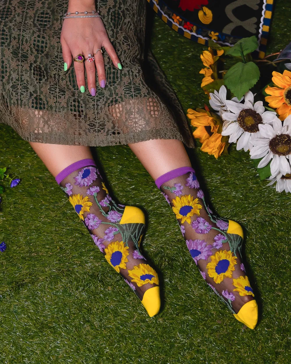 Mixed Sunflowers Black Sheer Crew Sock Sale