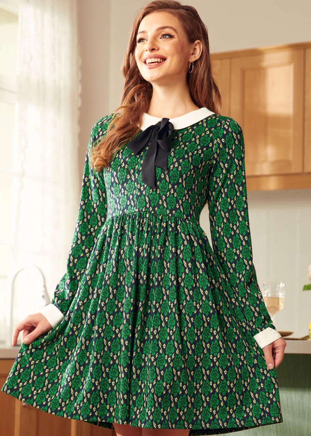 BTC Nifty Fifties Flare Collar Dress Green Gala New