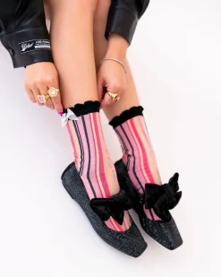 Parisian Stripe Ruffle Bow Sheer Crew Sock New