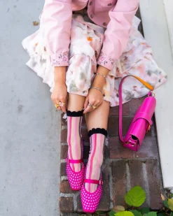 Parisian Stripe Ruffle Bow Sheer Crew Sock New