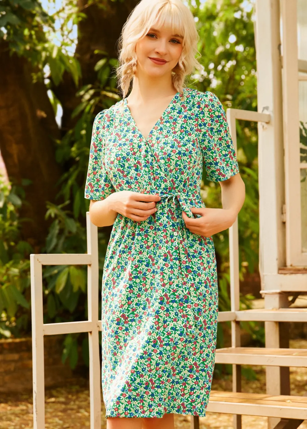 BTC Petal & Promise Wrap Dress Green Floral Clearance