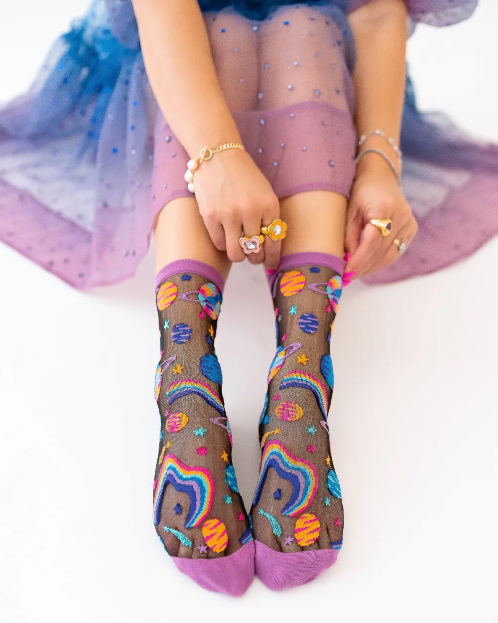 Pop Art Planets Black Sheer Crew Sock Best