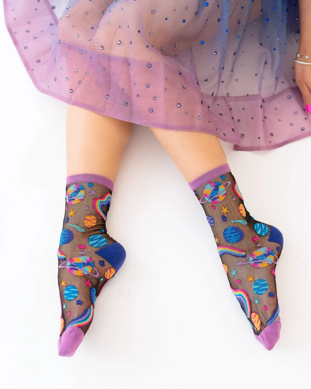 Pop Art Planets Black Sheer Crew Sock Best