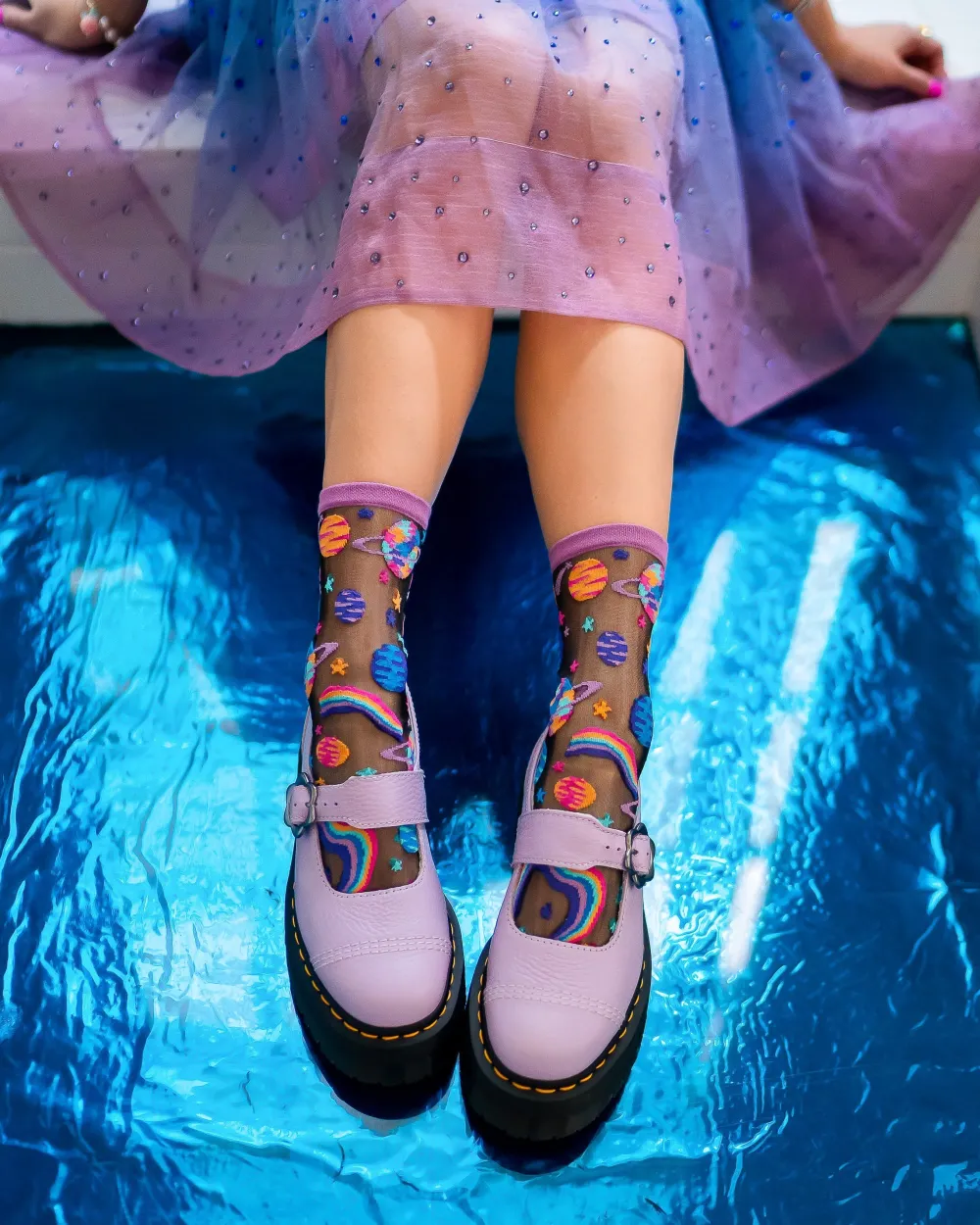 Pop Art Planets Black Sheer Crew Sock Best