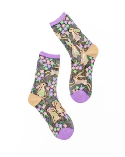 Rabbit Floral Black Sheer Crew Sock Hot