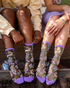 Rabbit Floral Black Sheer Crew Sock Hot