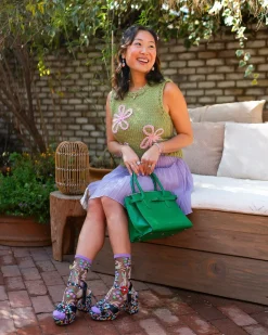 Rabbit Floral Black Sheer Crew Sock Hot