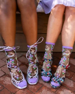 Rabbit Floral Black Sheer Crew Sock Hot