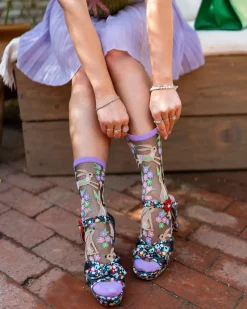 Rabbit Floral Black Sheer Crew Sock Hot