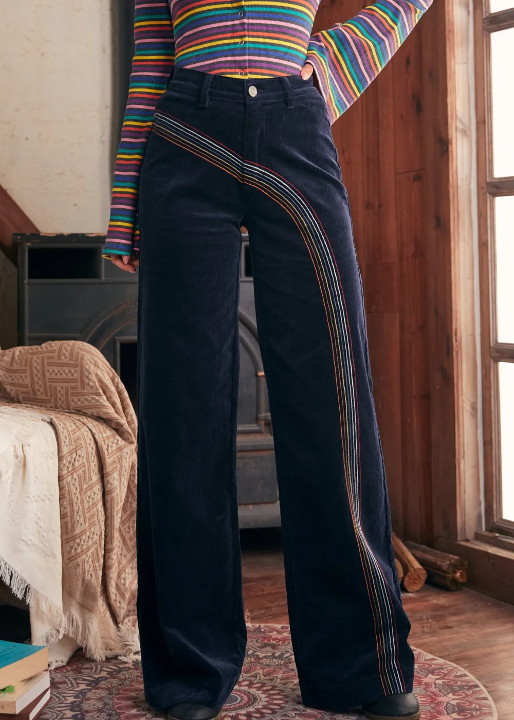 EZ Apparel Rainbow With Me Corduroy Pants Navy Sale