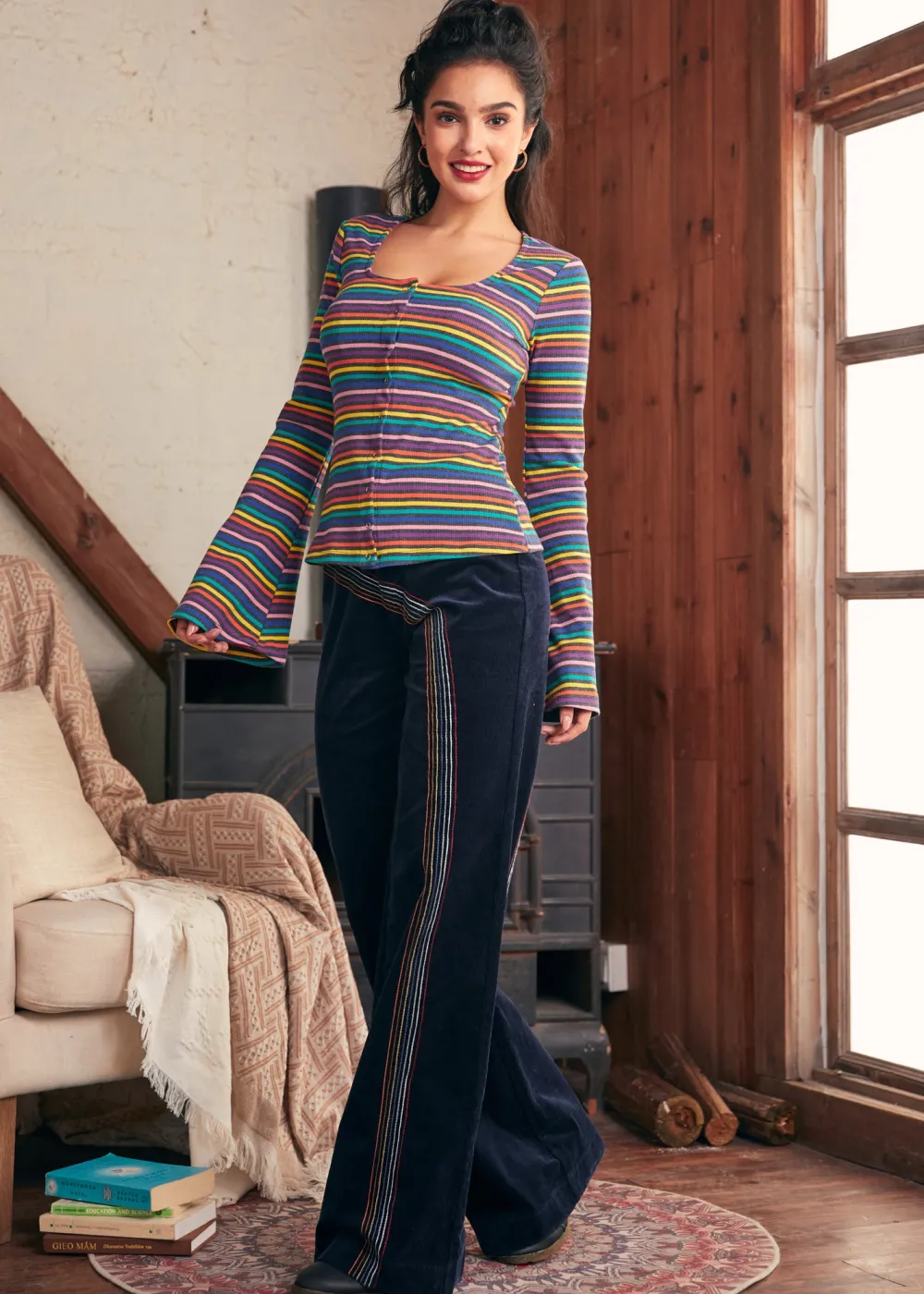 EZ Apparel Rainbow With Me Corduroy Pants Navy Sale
