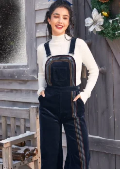 EZ Apparel Rainbow With Me Corduroy Overalls Navy