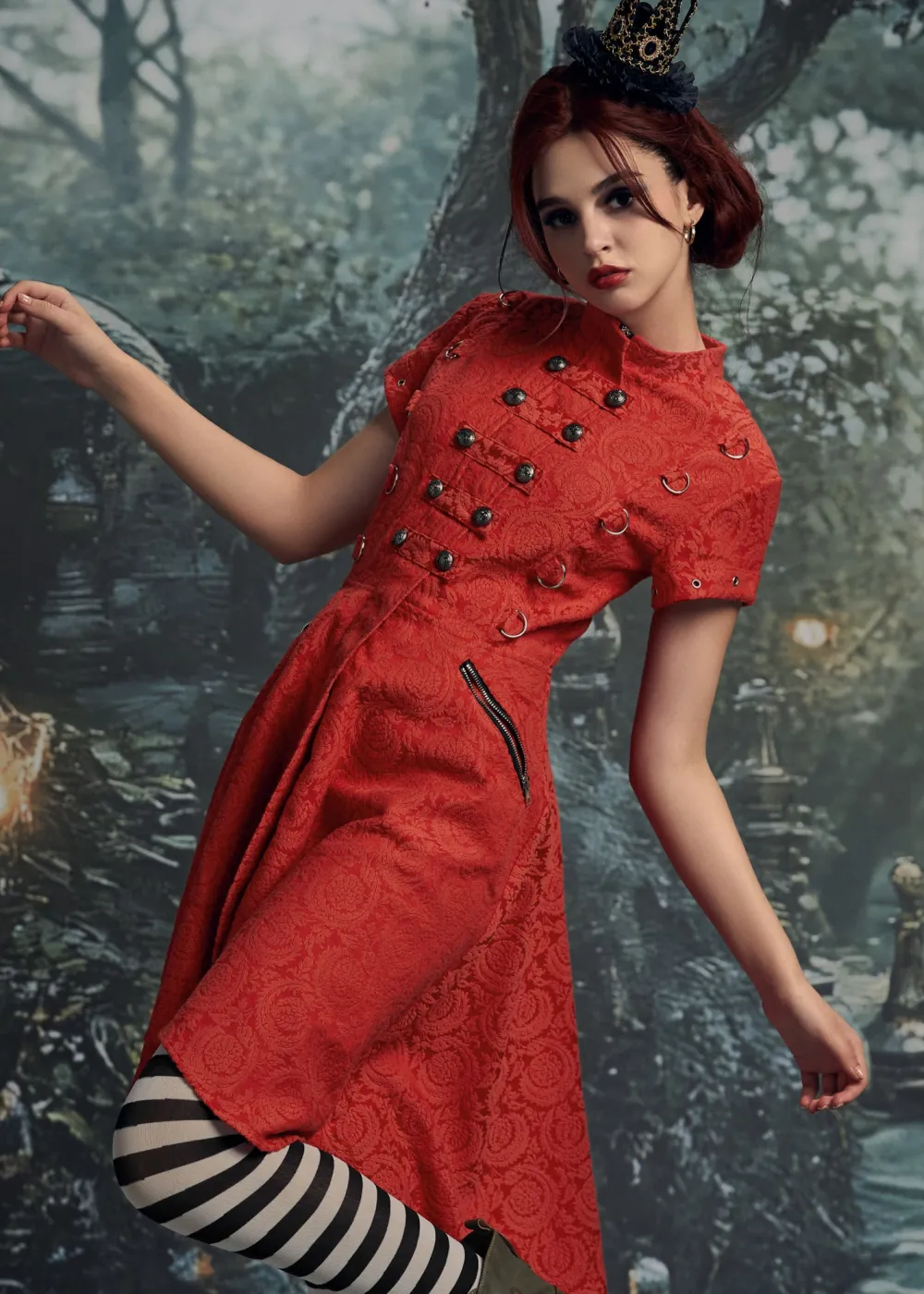 Red Jacquard Battalion Swing Dress Outlet
