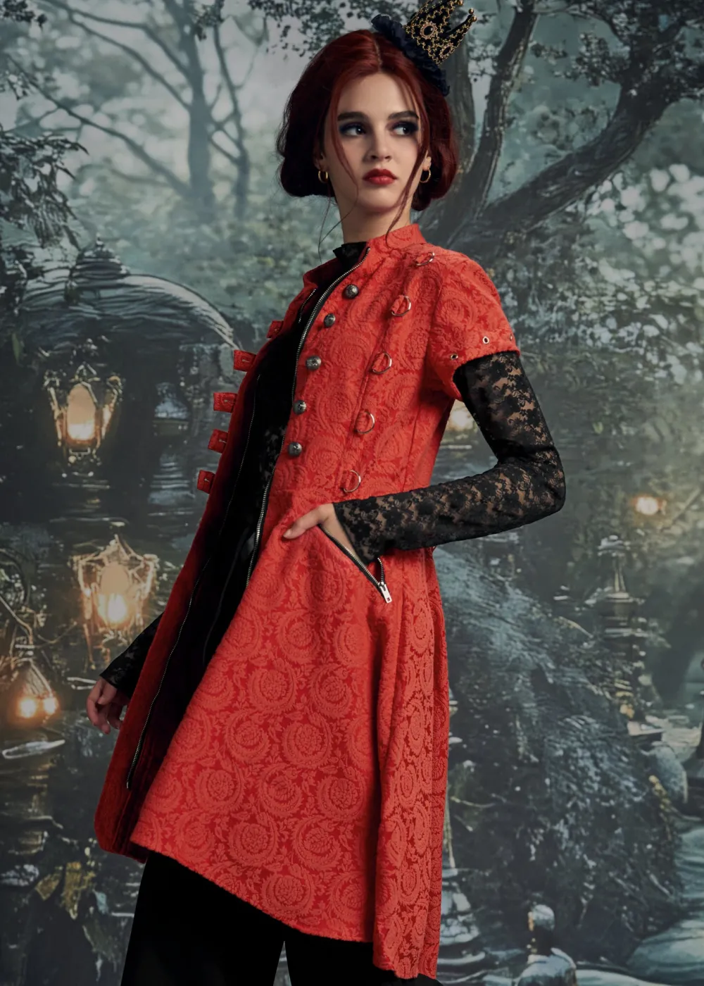 Red Jacquard Battalion Swing Dress Outlet