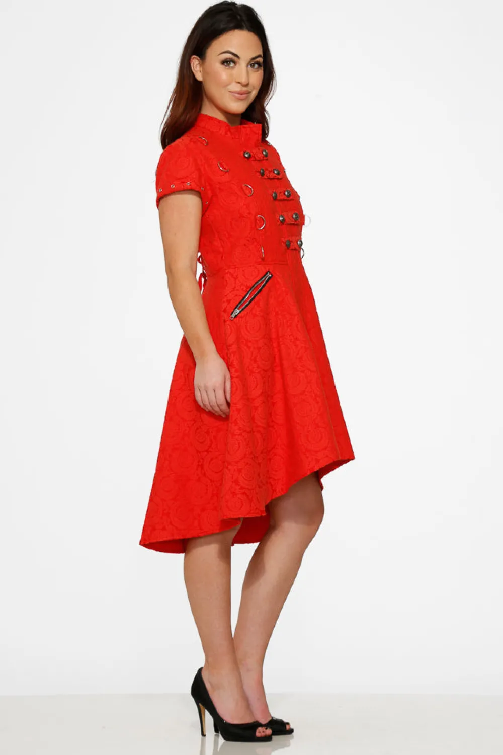 Red Jacquard Battalion Swing Dress Outlet