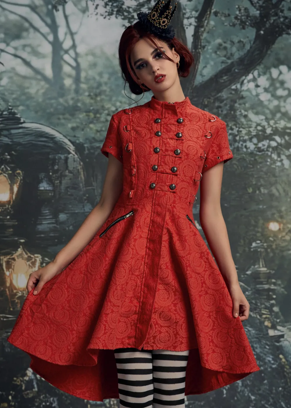 Red Jacquard Battalion Swing Dress Outlet