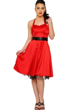 Red Satin Halter Swing Dress Outlet
