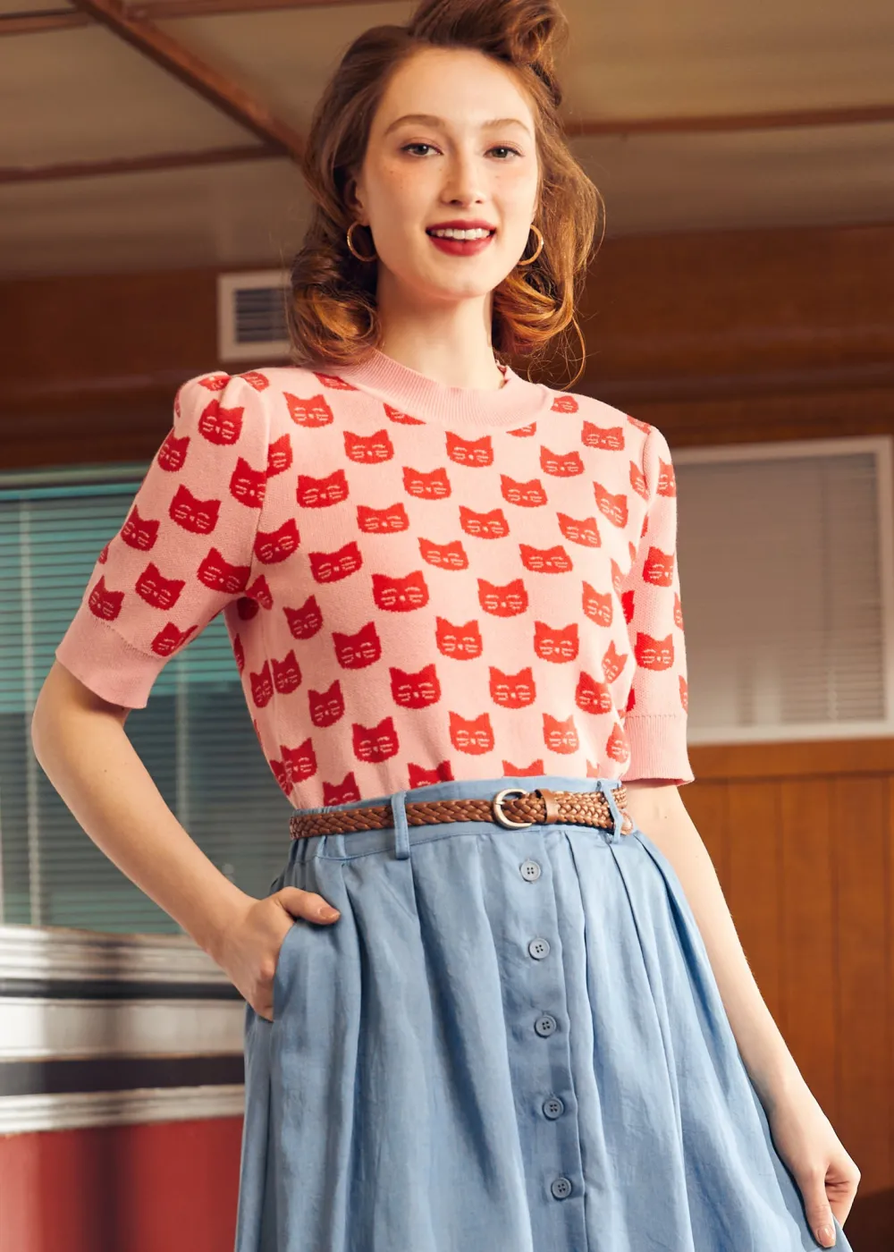 BTC Retro Radiance Puff Shoulder Sweater Flamingo Flirt Online