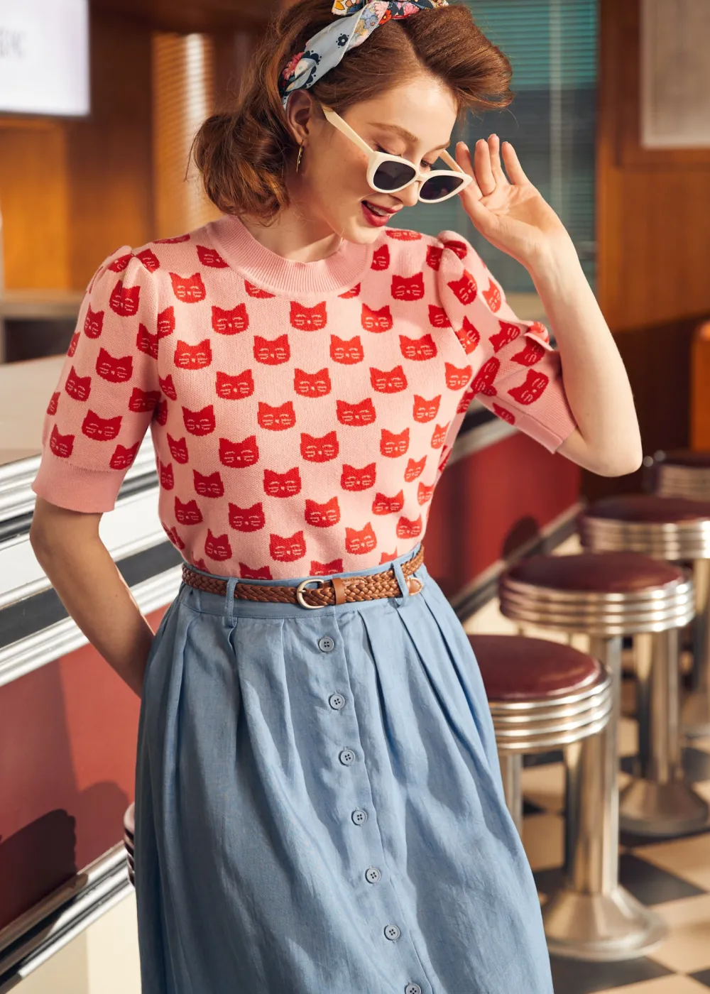 BTC Retro Radiance Puff Shoulder Sweater Flamingo Flirt Online